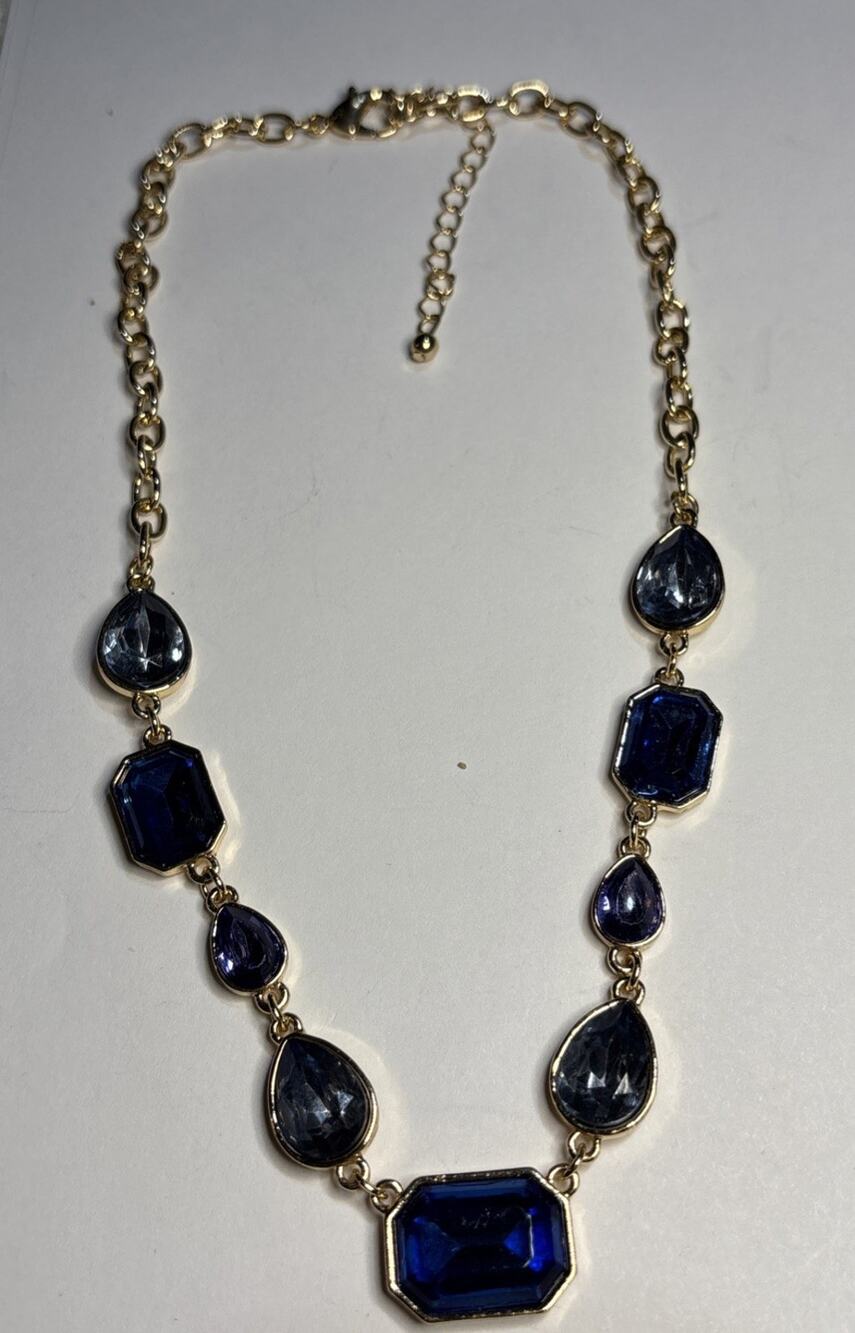Blue Faceted Statement Necklace Gold Tone Glass Teardrop Geometric Adjustable